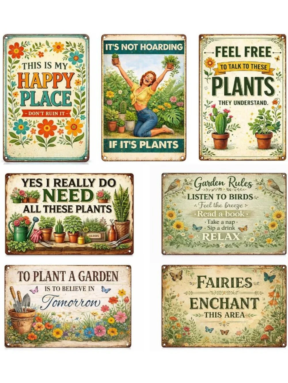 Vintage Garden Metal Signs Set - Retro Rustic Wall Decor for Home, Patio & Plant